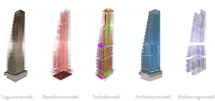 Verschiedene Modelle des Büroturms in Basel